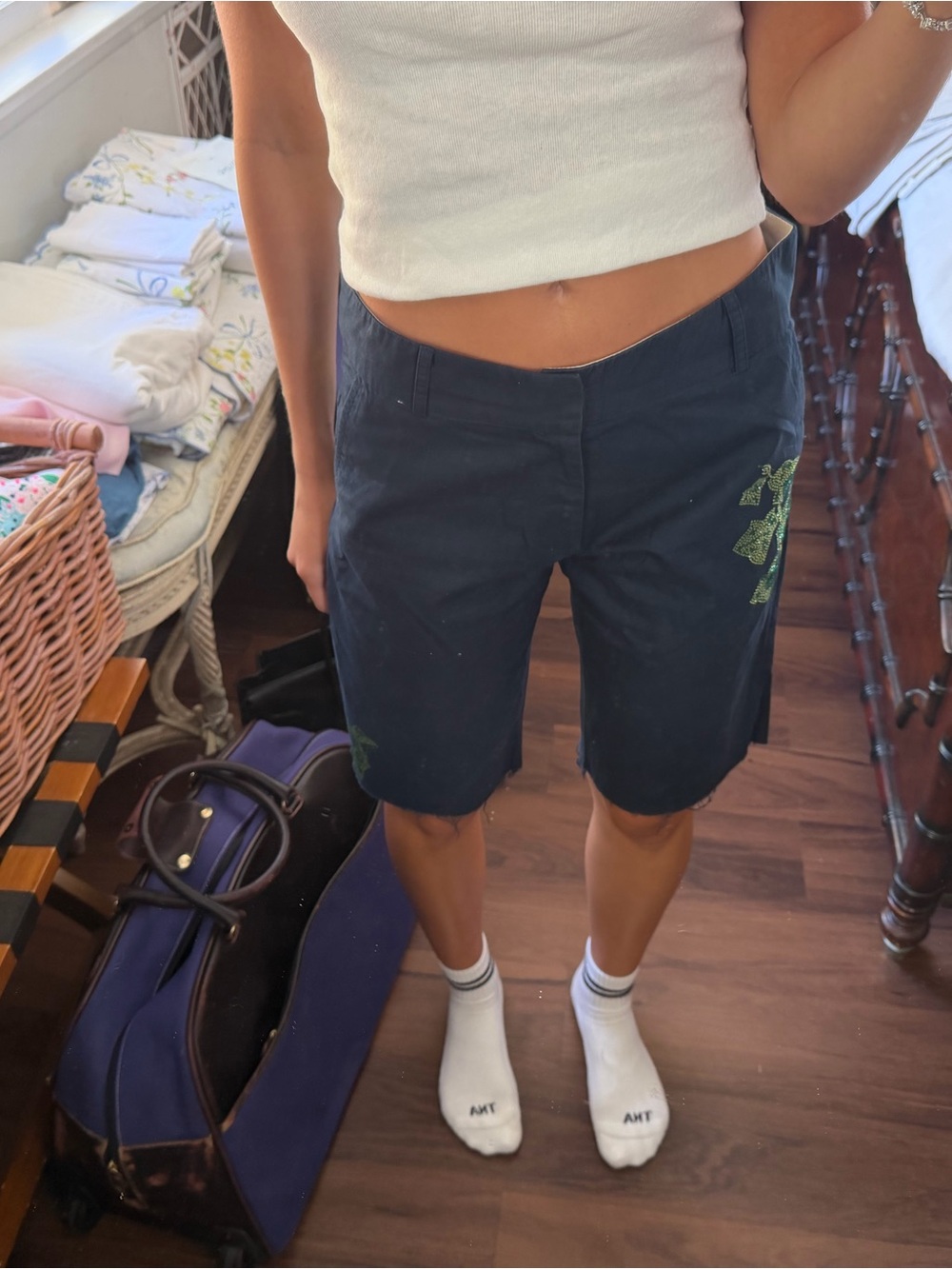 Women's Navy Embroidered Bermuda Shorts